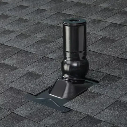 GAF Master Flow Pivot Pipe Boot installed on a shingle roof — all-metal ball-and-socket design
